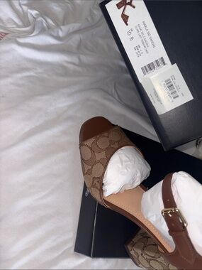 Coach Brown Signature Canvas Block Heel Sandals with Leather Trim
